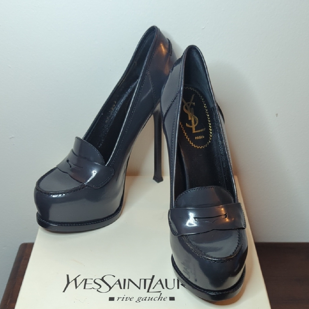 Yves Saint Laurent Grey Leather Tribtoo Penny Loafers Covered Platform Shoes